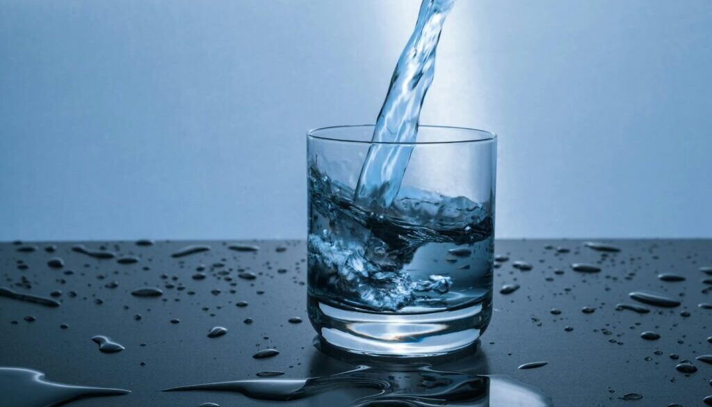 Person drinking water from a glass outdoors on a sunny day